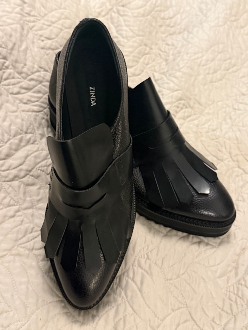 Zinda Black Leather Fringe Loafers